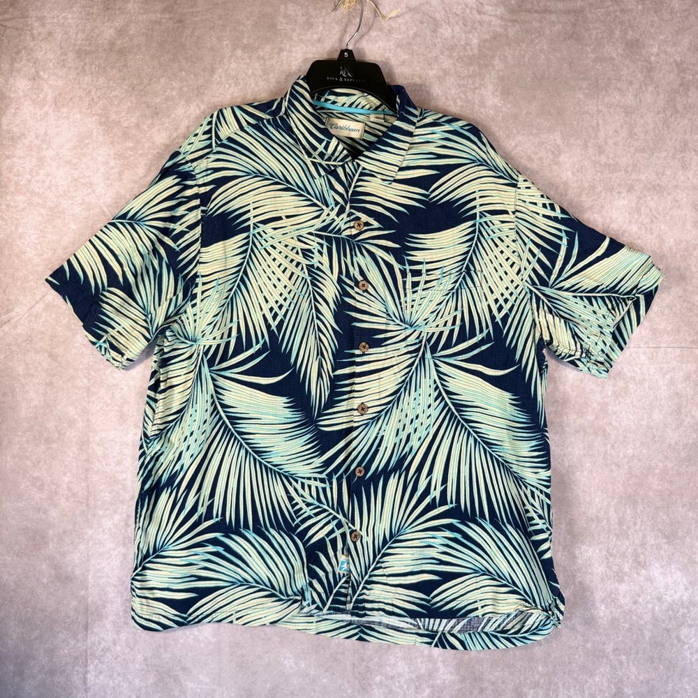 Caribbean Shirt‎ Mens XL Navy Blue Silk Bamboo Tropical Palm Leaf Button Coastal